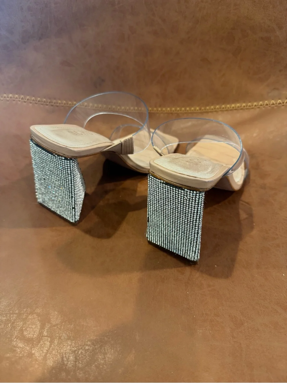 SCHUTZ Nude Clear Strap Rhinestone Block Heel Sandals